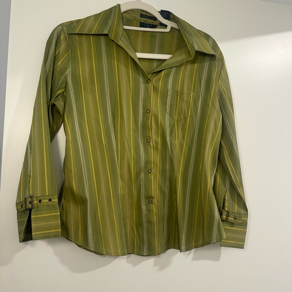 Vintage Green Striped Button-Up Shirt - S